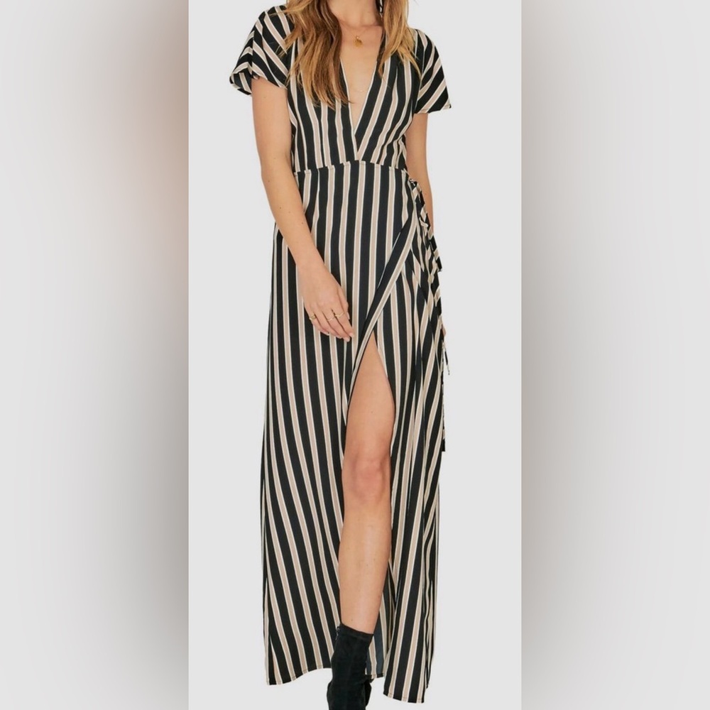 Amuse Society Striped Black and Cream Women's wrap Dress